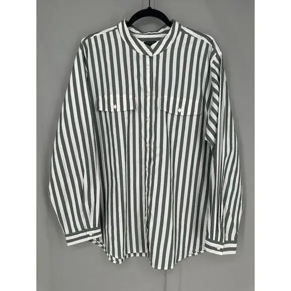Ann Taylor Top Womens XL Green Striped White Button Oversized Pocket Classic - Picture 5 of 9